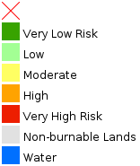 Very Low Risk (green: #38A300),
Low (light green: #A3FF94),
Moderate (yellow: #FFFF63),
High (orange: #FFA300),
Very High Risk (red: #ED1E00),
Non-burnable Lands (light gray: #E1E1E1),
Water (blue: #0070ff),